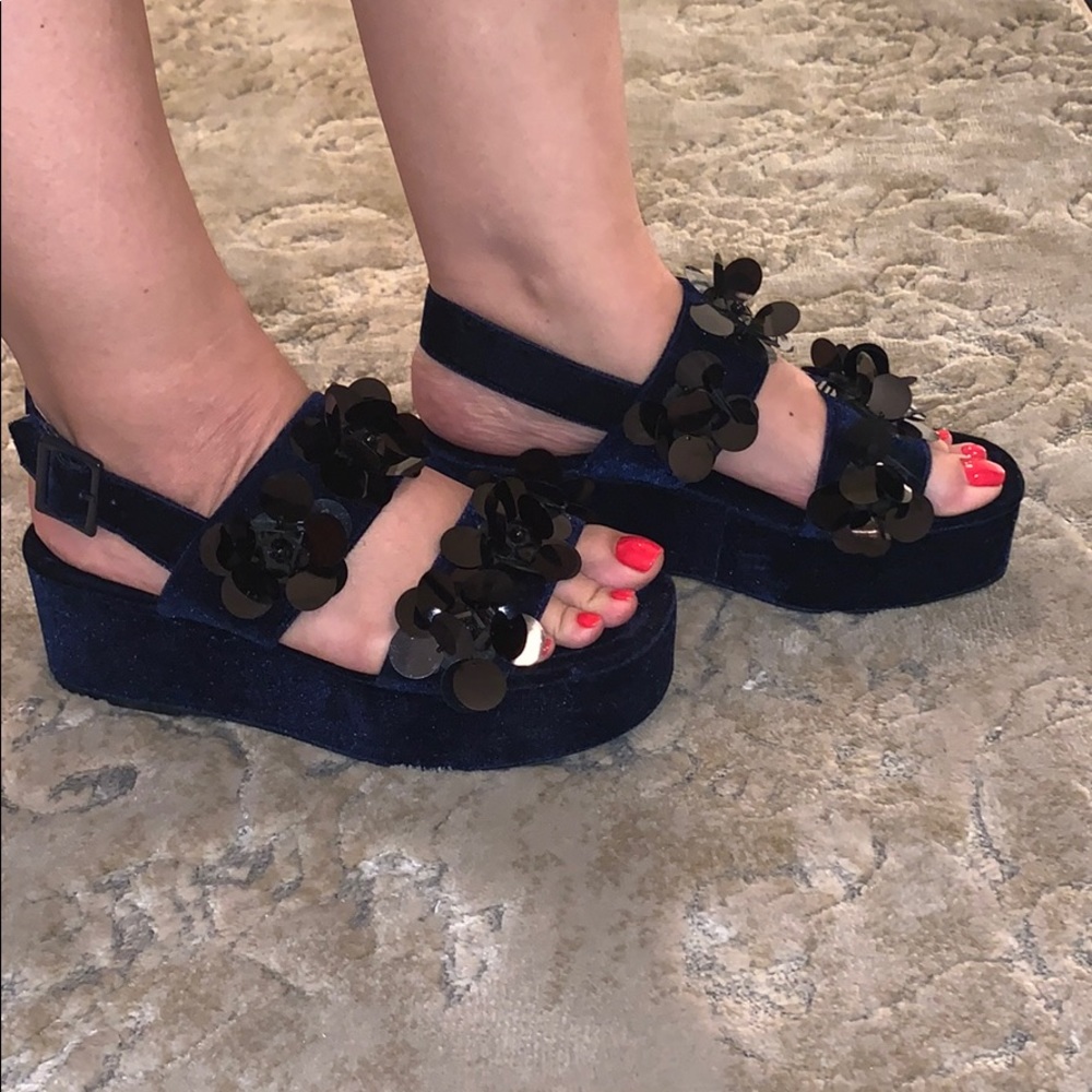 Zara Navy blue velvet platform sequined sandal